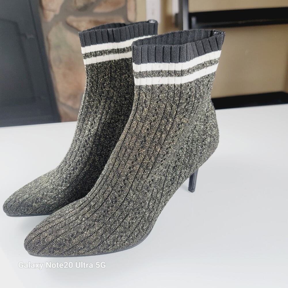 Stuart Weitzman Waverly Knit Sock Ankle Booties in Black Metallic, sz 8.5